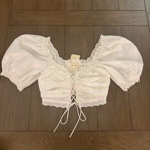 For Live Bell Women’s S White Cropped Pheasant Top Front Tie With Puffy sleeve